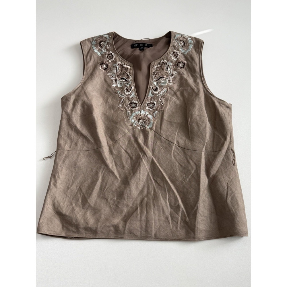 Lafayette 148 Tan Linen Embroidered Top Sz 14 Boho Luxury Coastal Sleeveless
